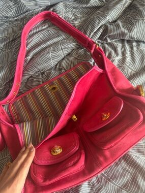 Fuchsia Pink Twin Pocket Turn-Lock Shoulder Bag with Gold Hardware